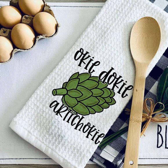 TEA TOWEL-OKIE DOKIE ARTICHOKIE PUN-FUNNY KITCHEN TOWEL-Per… - Picture 1 of 2